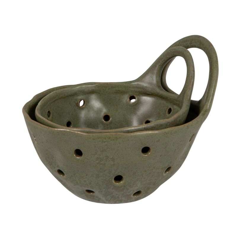 Reactive Glaze Stoneware Colanders, Green, Set of 2 image number 3