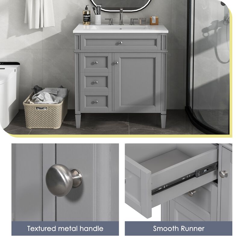 30 in. W Modern Single Sink Bathroom Vanity with 2 Drawers and 1 Tip-Out Drawer image number 4