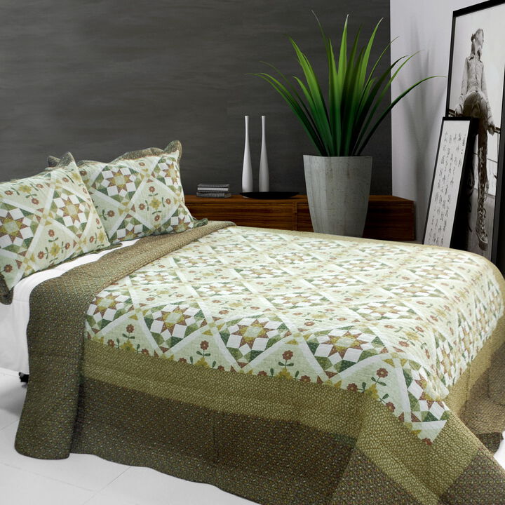 Queen Size Cotton 3-Piece Vermicelli Quilted Printed Quilt Set with Shams