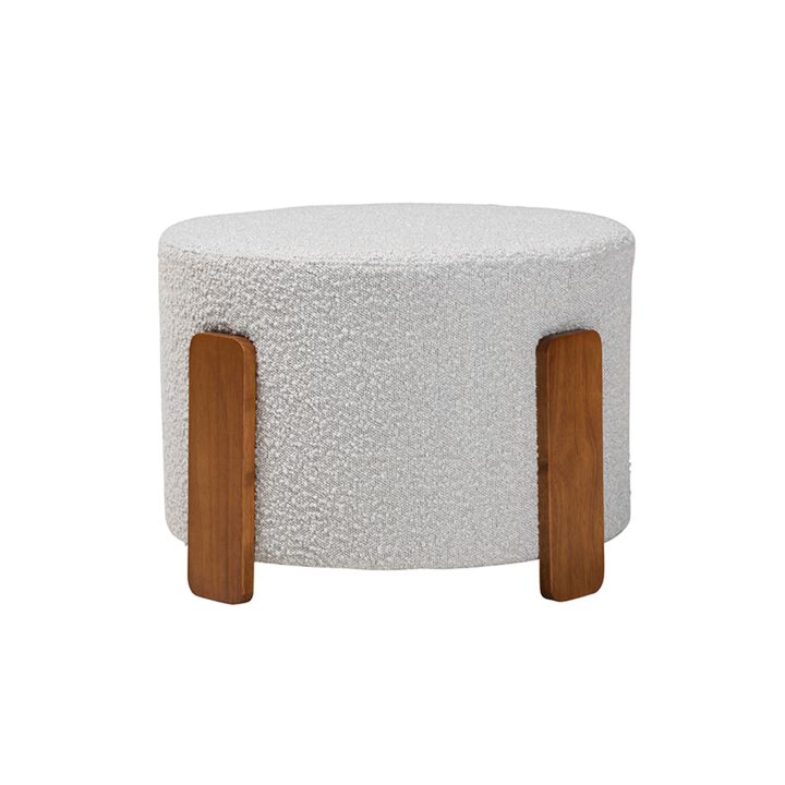 Baxton Studio Finlay Modern Japandi Light Grey Boucle Fabric and Walnut Brown Finished Wood Ottoman Footstool