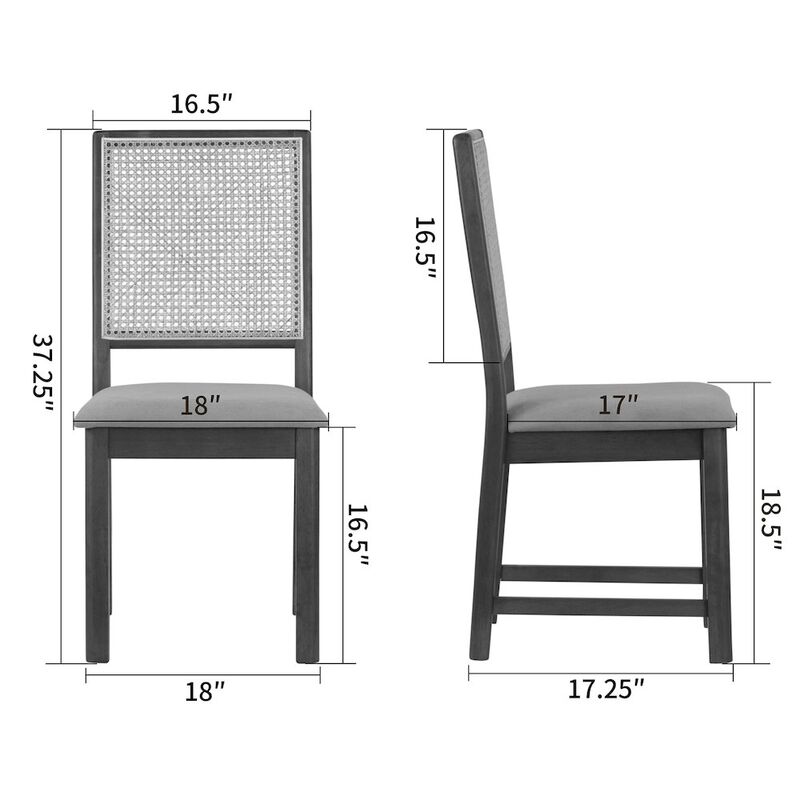 Glamour Home Set of 2 Gray Fabric Dining Chair High Rattan Back and Black Wood Legs