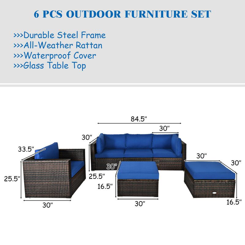 6 Pcs Patio Rattan Furniture Set with Sectional Cushion
