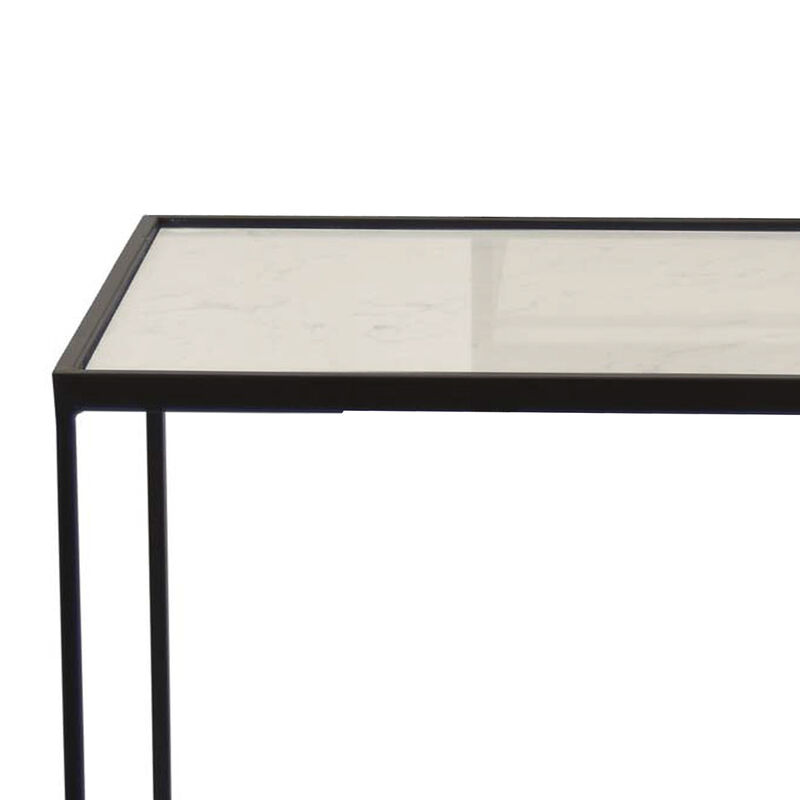 24 Inch Plant Stands Set of 2, White Marble Top, Minimalist Black Frame - Benzara