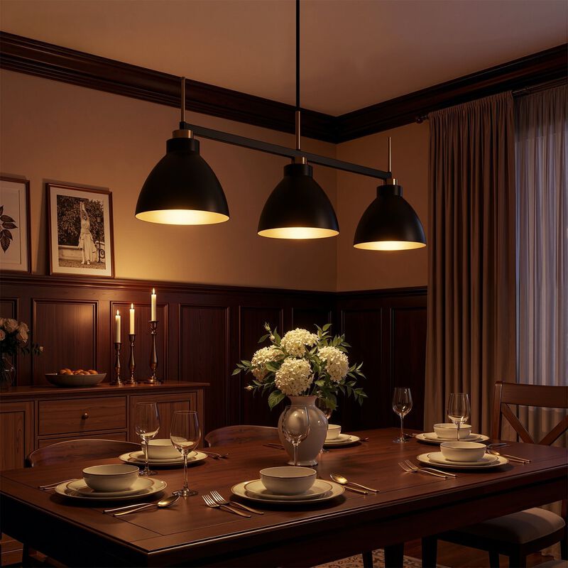 Three-Light Linear Kitchen Island Light, Black and Gold Dome Shades image number 4