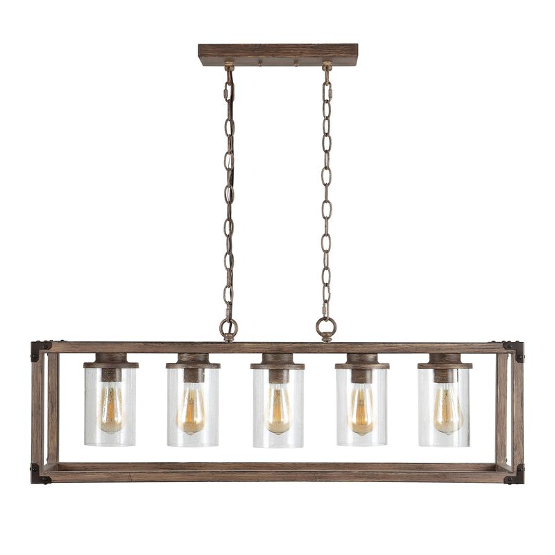 Zeniba 5-Light Linear Adjustable Iron/Seeded Glass Rustic Farmhouse LED Pendant