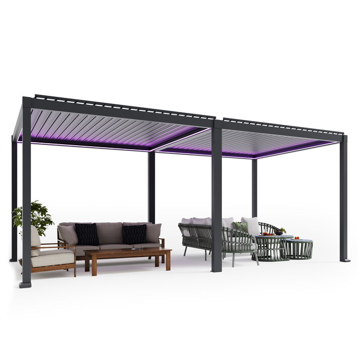 Mondawe 10 ft. x 20 ft. Gray Aluminum Louvered Pergola with Motorized Roof and Integrated LED Lights