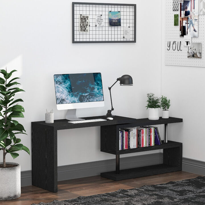360° Rotating Corner Computer Desk Modern L-Shaped Home Office Workstation with 2 Storage Shelves, Bookshelf, Black