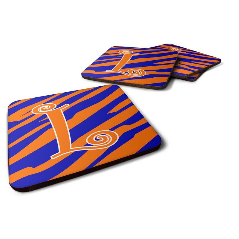 Caroline's Treasures CJ1036-LFC Monogram-Tiger Stripe Blue and Orange Foam Coasters (Set of 4), Initial Letter L, 3.5 H x 3.5 W, Multicolor