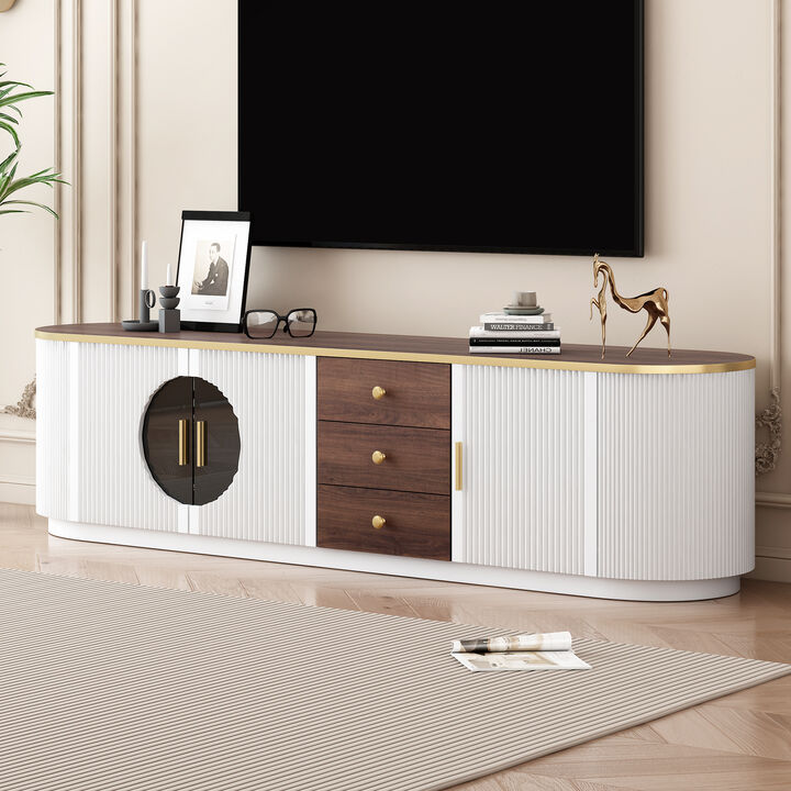 Merax Entertainment Center with Curved Grooved Sides, Glass Insert Cabinet Doors