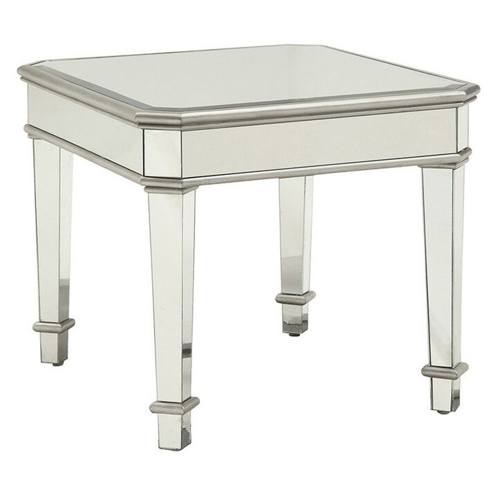 Mirrored Transitional Style Wooden End Table With Beveled Edges, Silver-Benzara