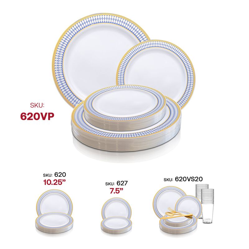 White with Blue and Gold Chord Rim Plastic Dinnerware Value Set (40 Sets) image number 6