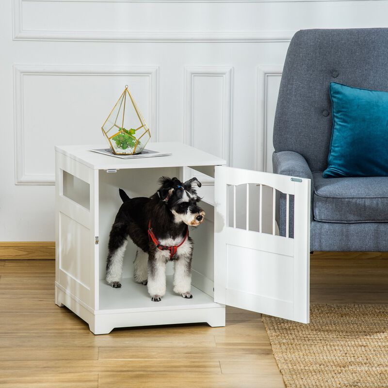 White Puppy Haven: Furniture-Style Dog Kennel End Table