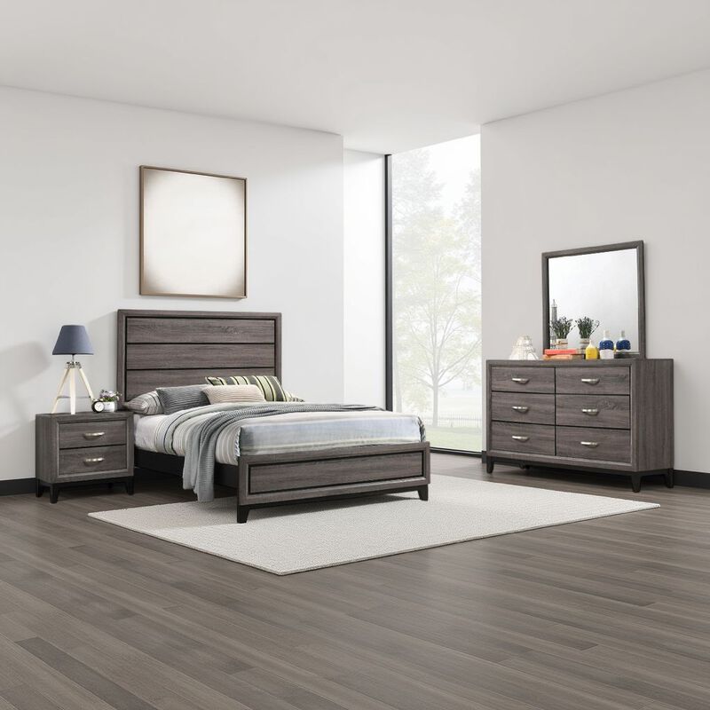 Mela 4pc Full Size Bedroom Set, Dresser, Nightstand, Mirror, Oak Gray - Benzara