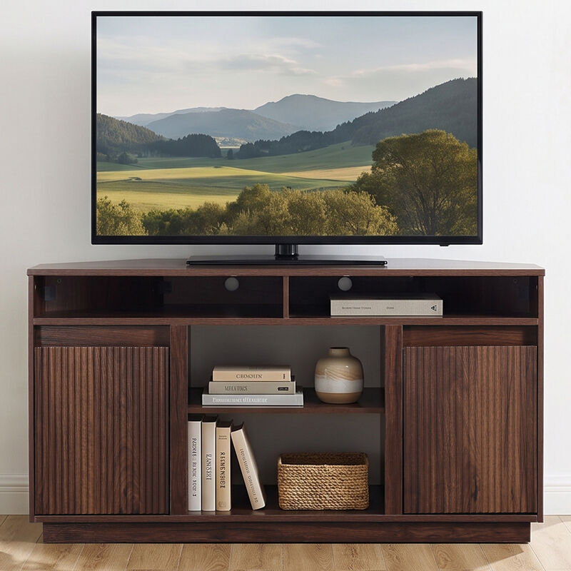 47" Dark Walnut Mid-Century Modern Wood Fluted Door Corner TV Stand Media Console with Open Shelf and Cabinet for TVs up to 50" image number 3