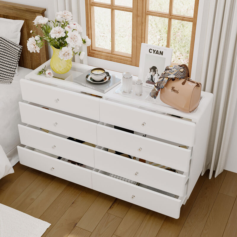 FUFU&GAGA Vanity Dresser with Glass-Top Display, 8 Drawers, LED Light, Adjustable Dividers, MDF (55.1" W x 13.8" D x 31.5" H), White