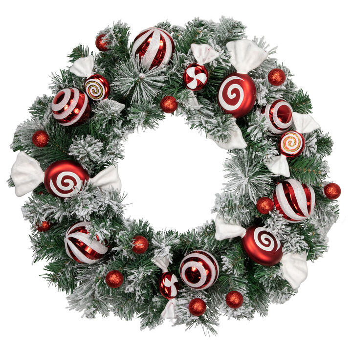 Frosted Pine Artificial Christmas Wreath with Swirled Candy Ornaments  24-Inch