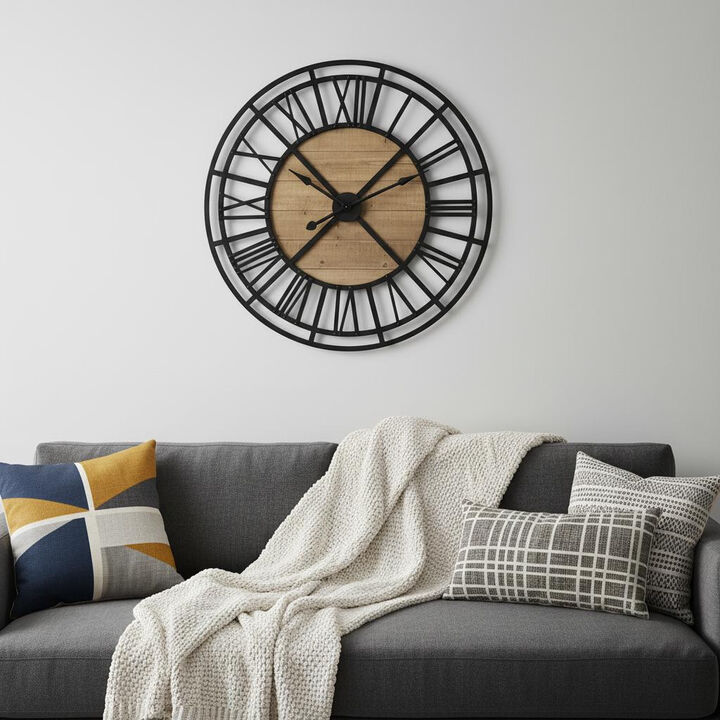 HomeRoots 42" Black And Natural Iron And Wood Analog Round Wall Clock