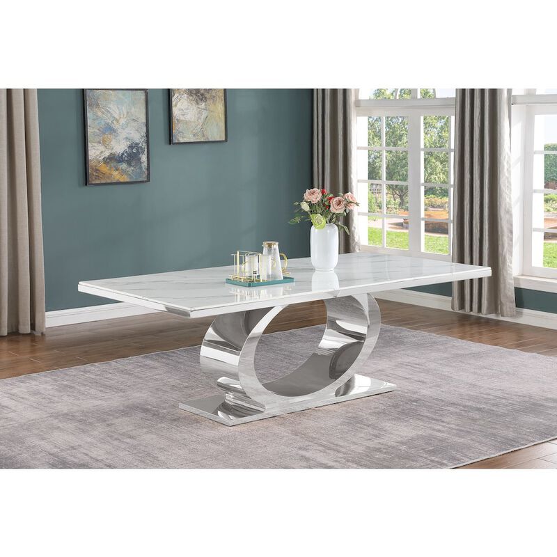Best Quality Furniture Large 87 Rectangular marble top dining table with a silver color base image number 2