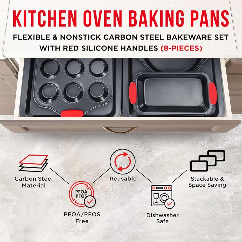 BAKKENMASTER Baking Set – 8 Piece Kitchen Oven Bakeware Set – Deluxe Non-Stick Black Coating Inside and Outside – Carbon Steel – Red Silicone Handles – PFOA PFOS and PTFE Free by Bakken