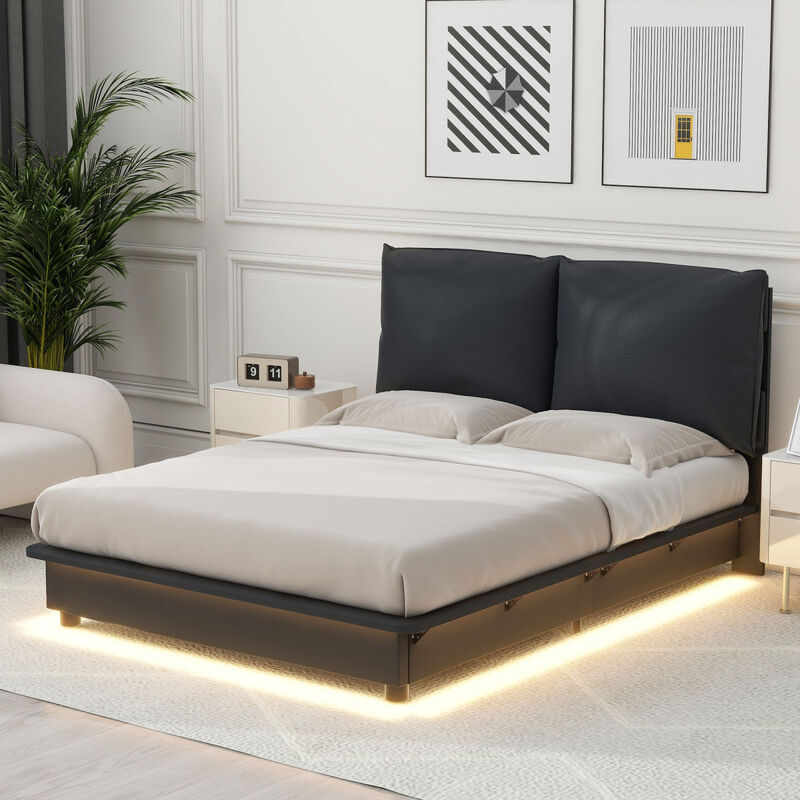 Full Size Upholstered Platform Bed with Sensor Light and Ergonomic Design Backrests, Black