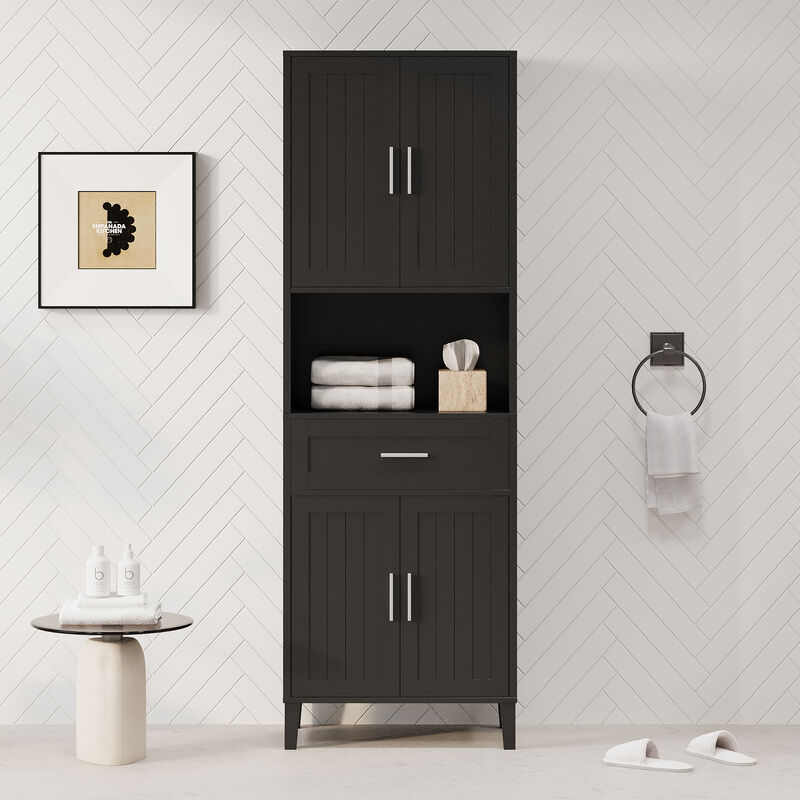 Merax Tall Bathroom Cabinet with a Drawer, 2 Cabinets, 4 Soft-Close Doors, 2 Adjustable Shelves, Open Storage