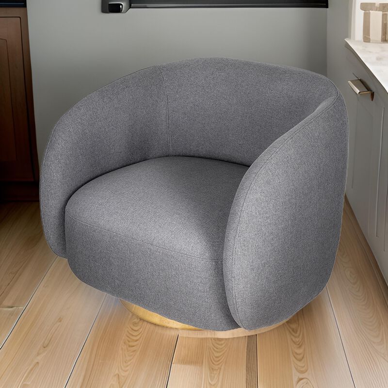 Eros 35 Inch Swivel Accent Chair, Plush Gray Fabric Upholstery, Gold Base