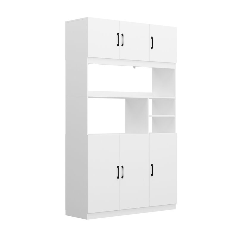 White Wooden Sideboard, Food Pantry, Wine Cabinet, Storage Cabinet with 4 Cabinet and 4 Open Shelves