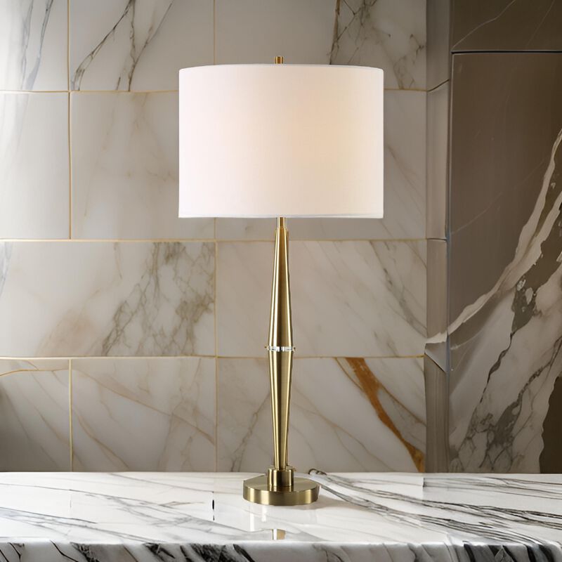 Modern Accent Table Lamp, White Linen Drum Shade, Gold Metal Tapered Base - Benzara