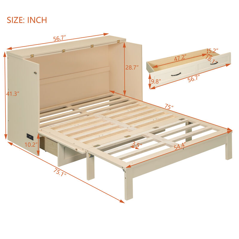Whisen Modern Design Full Size Murphy Bed, Folded into a Cabinet with Large Drawers