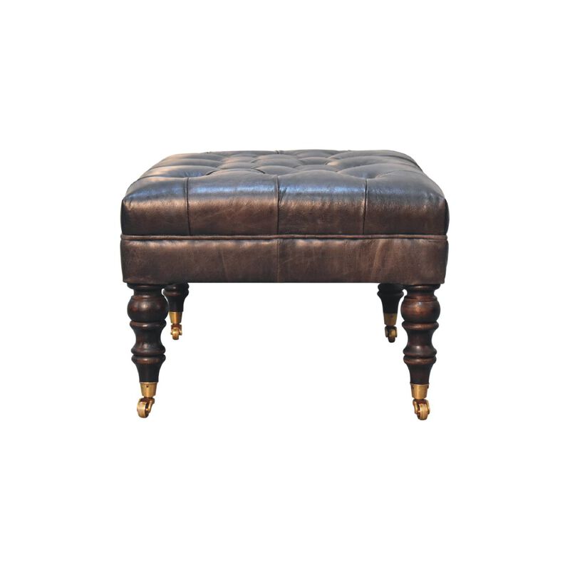 Artisan Furniture Solid Wood Buffalo Ash Black Leather Ottoman with Castor Legs