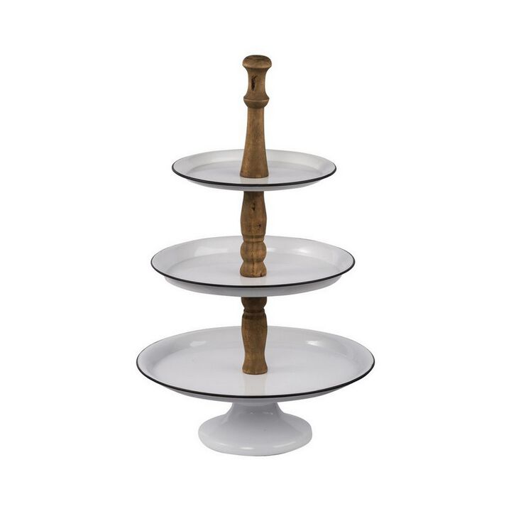 Mlyn 24 Inch 3 Tier Serving Tray, Round Metal Base, White Brown, and Black - Benzara