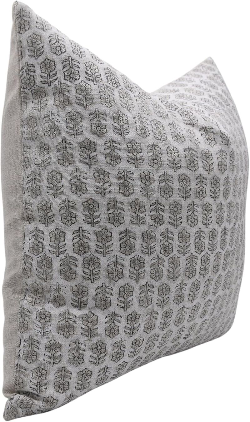 Fabdivine White Boho Farmhouse Throw Pillow Cover Handmade Linen Cushioncase with Floral Block Print for Sofa, Couch, or Bedroom, Tulsi Buti image number 1