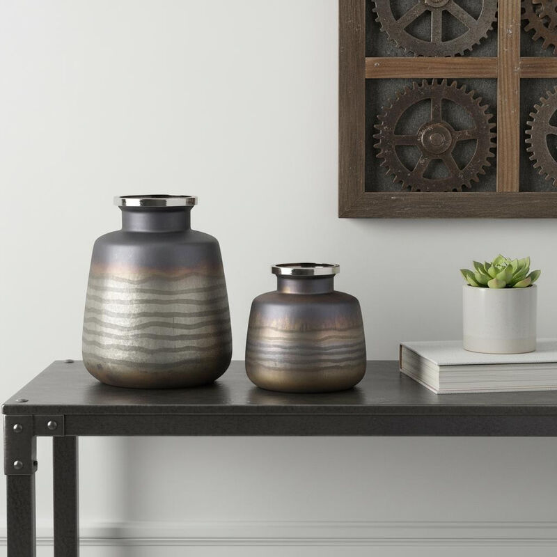 HomeRoots Set of Two Black And Gray Abstract Glass Round Table Vases image number 1