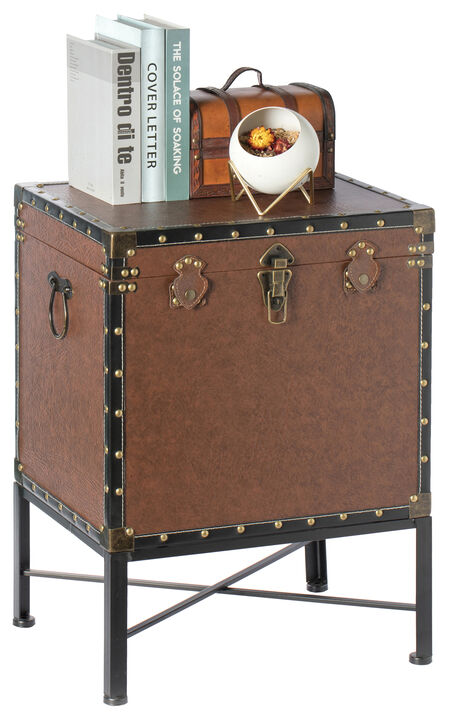 Silver and Brown Trimmed Faux Leather Lockable Square Lined Storage Trunk, End Table on Metal Stand