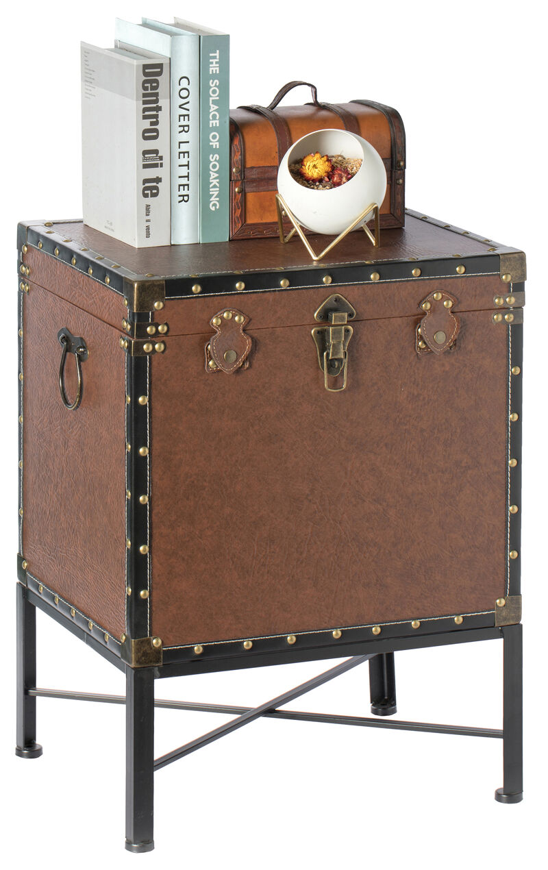 Silver and Brown Trimmed Faux Leather Lockable Square Lined Storage Trunk, End Table on Metal Stand