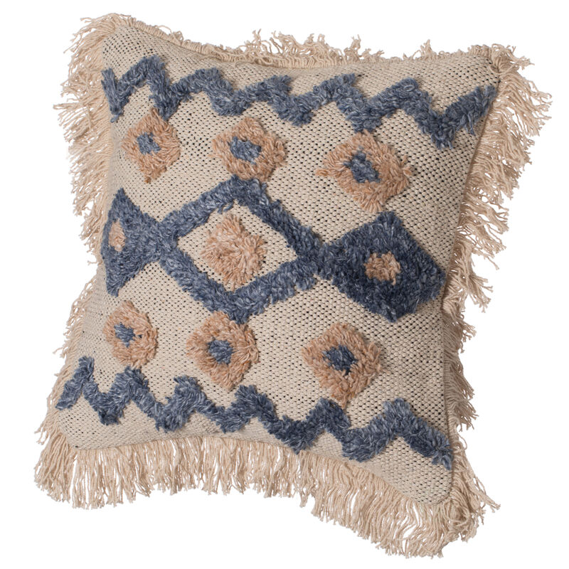 16" Handwoven Cotton & Silk Throw Pillow Cover with Embossed Zig Zag with Filler, Blue & Beige