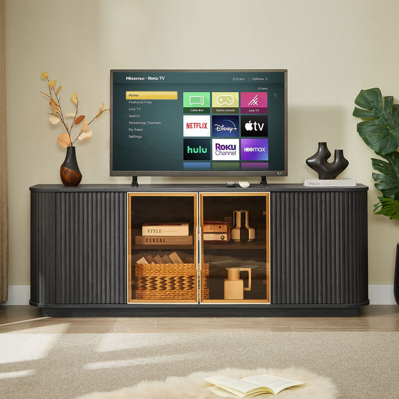 TATEUS Black 64" Wavy TV Stands &ndash; Round Sideboard with Wooden Vertical Stripes & Tempered Glass Doors