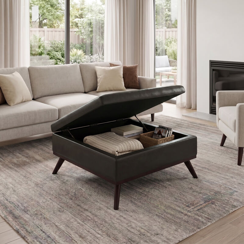 Owen 36 inch Wide Mid Century Modern Square Coffee Table Storage Ottoman in Tanners Brown Vegan Faux Leather, Assembled image number 9