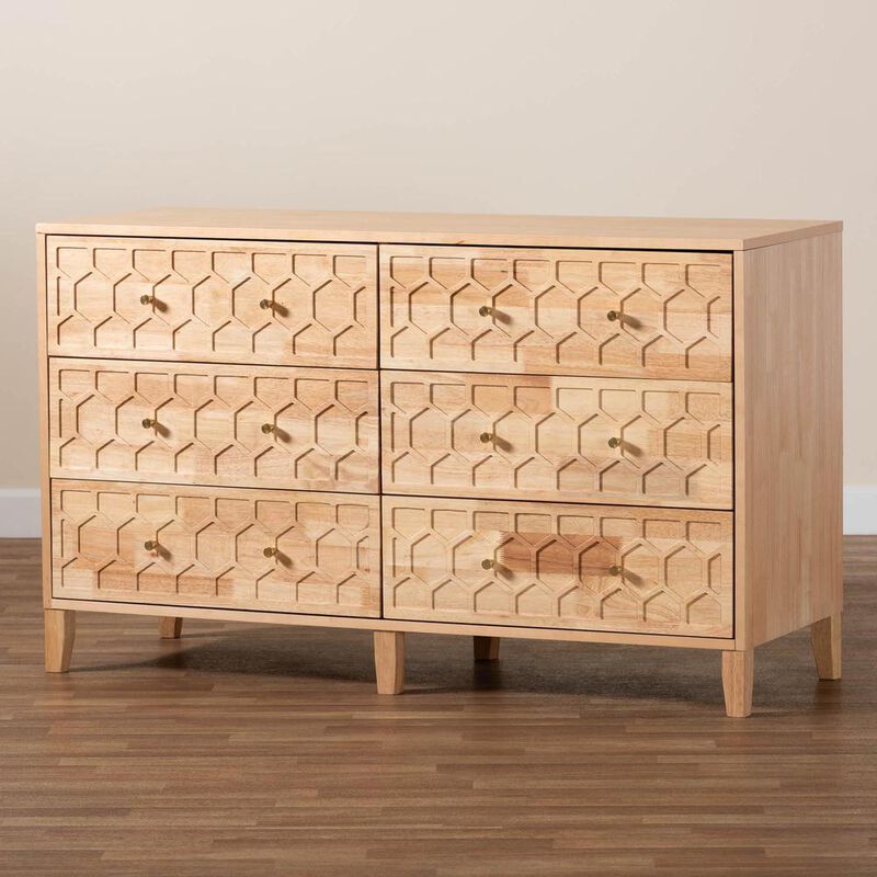 Baxton Studio Hosea Japandi Carved Honeycomb Natural 6-Drawer Dresser