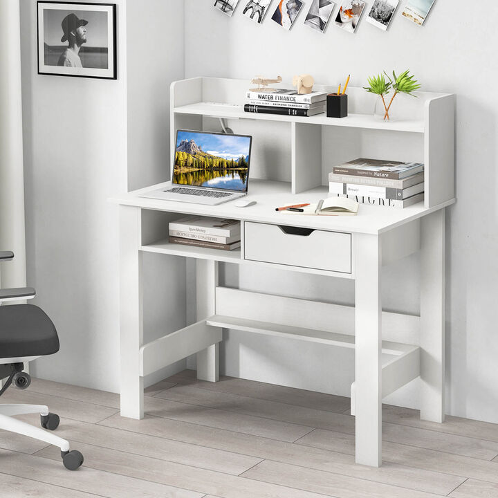 Costway Computer Desk with Power Outlets and USB Ports & Type-C Hutch Open Shelf Drawer