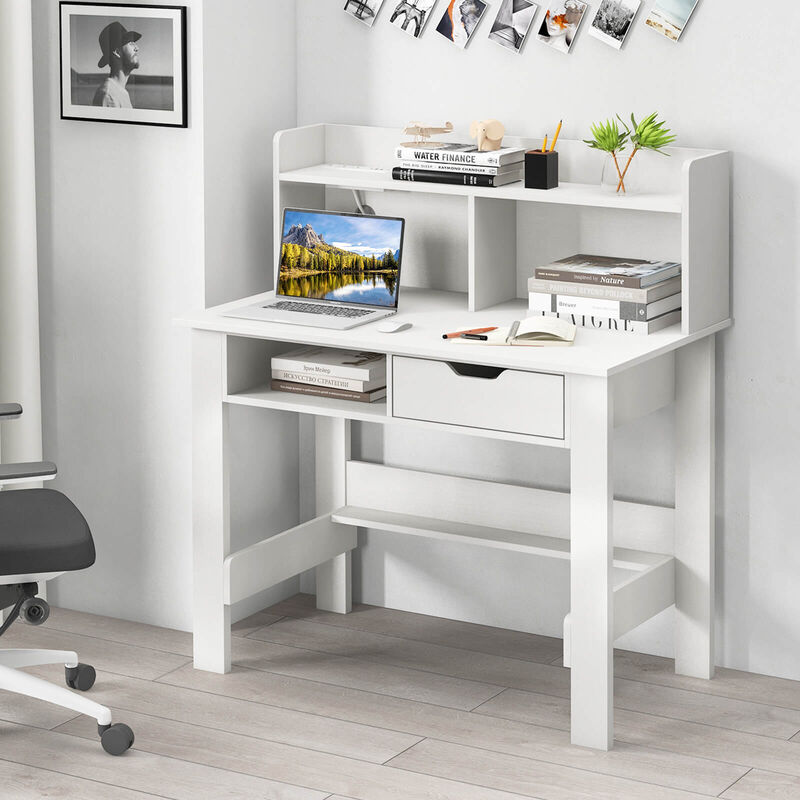 Costway Computer Desk with Power Outlets and USB Ports & Type-C Hutch Open Shelf Drawer