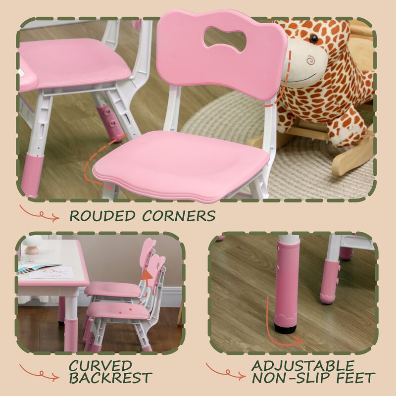 Kids Table and Chair Set with 4 Chairs, Adjustable Height, Easy to Clean Table Surface, for 1.5 - 5 Years Old, Pink