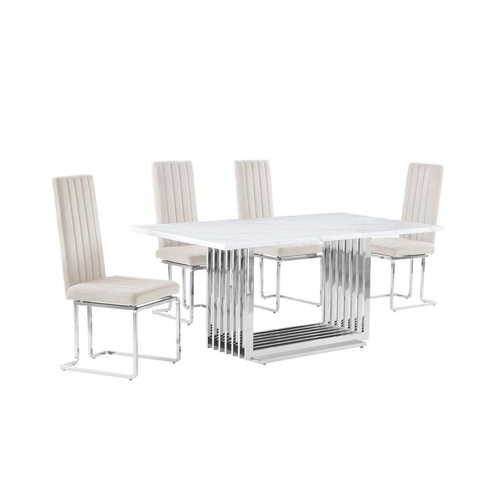 5pc Small(68") marble top dining set with silver base and 4 Cream side chairs