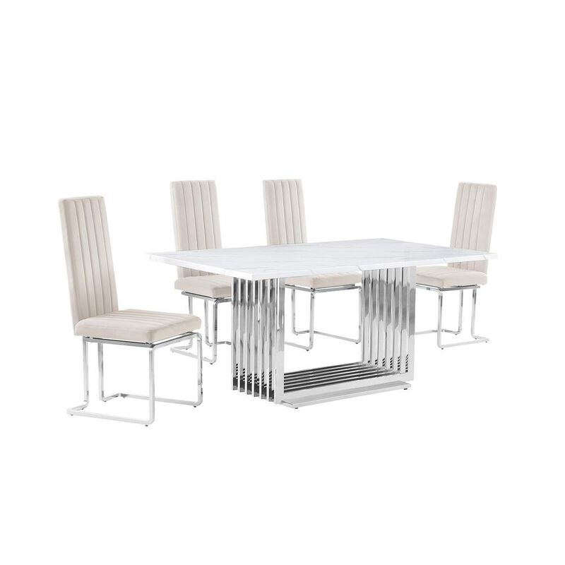 5pc Small(68") marble top dining set with silver base and 4 Cream side chairs