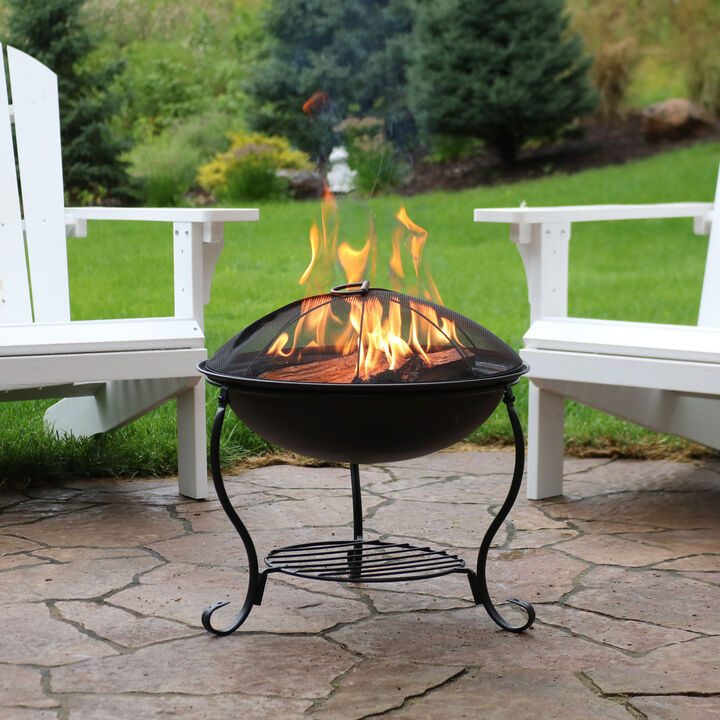 Sunnydaze 18 in Raised Steel Fire Pit with Stand, Screen, Grate, and Poker