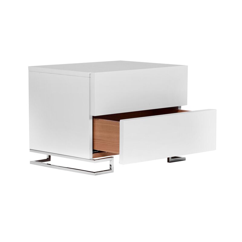 Sam 20 Inch Nightstand, 2 Drawers, White Wood, High Polished Metal Legs - Benzara