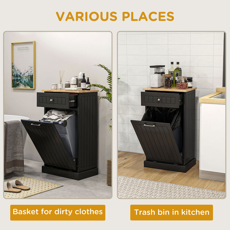HOMCOM Kitchen Tilt Out Trash Bin Cabinet Free Standing Recycling Cabinet Trash Can Holder With Drawer, Black
