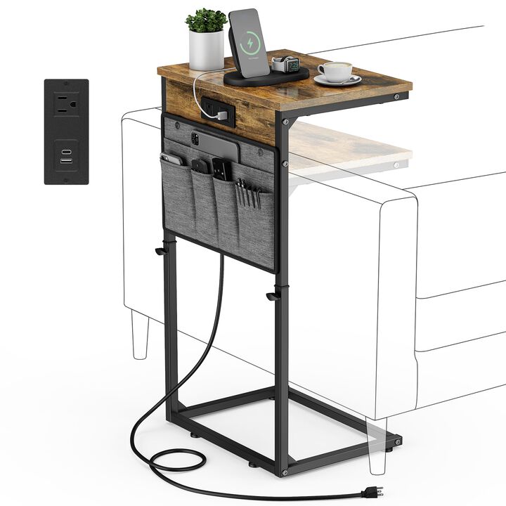 Vagusicc C Shaped End Table with Charging Station, 33"" Tall Side Table for Couch, Sofa Table Adjustable Height Small Couch Side