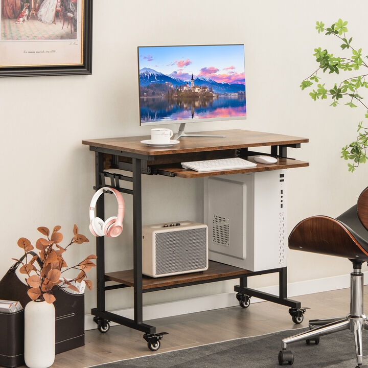 Home Office Computer Desk Cart with Pull-out Keyboard Tray-Rustic Brown