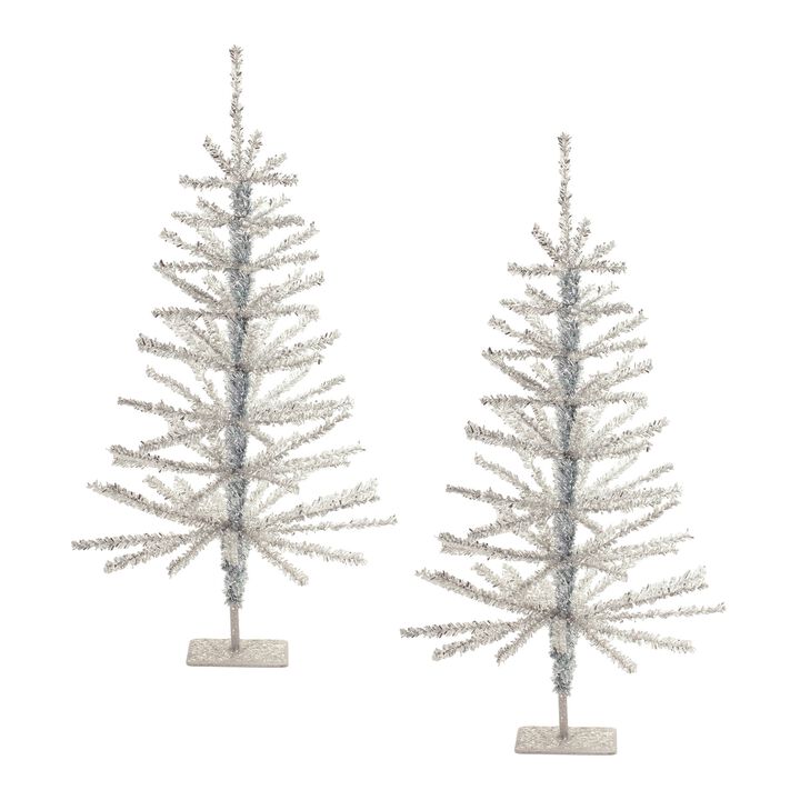 Set of 2 Metallic Pine Trees for Holiday Shelf, Tabletop, or Mantel Display